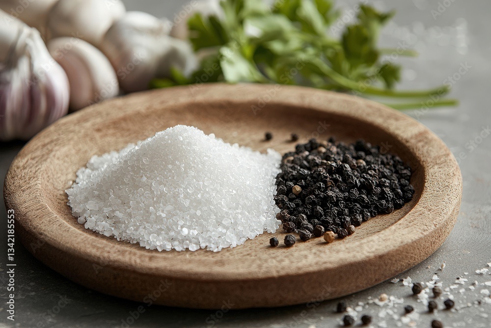 Coarse sea salt and black pepper sit on a rustic wooden plate, surrounded by garlic cloves and fresh herbs. The arrangement highlights the colors and textures of the ingredients, ready for cooking.