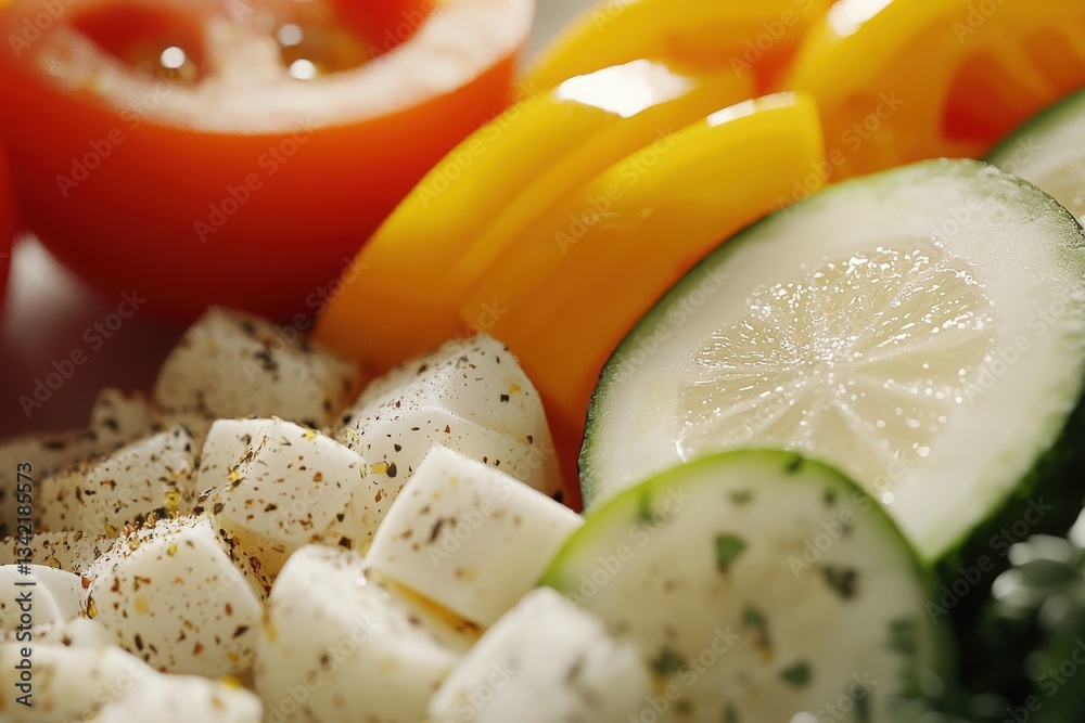 Brightly colored vegetables including sliced tomatoes, yellow bell peppers, and cucumbers are paired with cubed cheese.