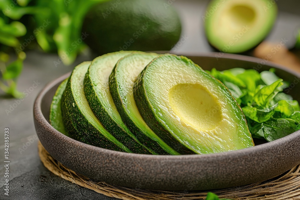 Sliced avocados, perfectly arranged in a dark, rustic bowl, accompany fresh, vibrant greens. The setting highlights the natural colors and textures of the ingredients.