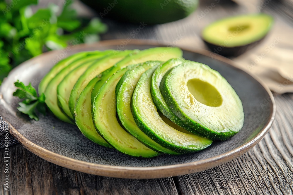 Vibrantly colored slices of avocado are arranged neatly on a dark, rustic plate. Soft lighting enhances the fresh look of the fruit, with green cilantro scattered nearby.