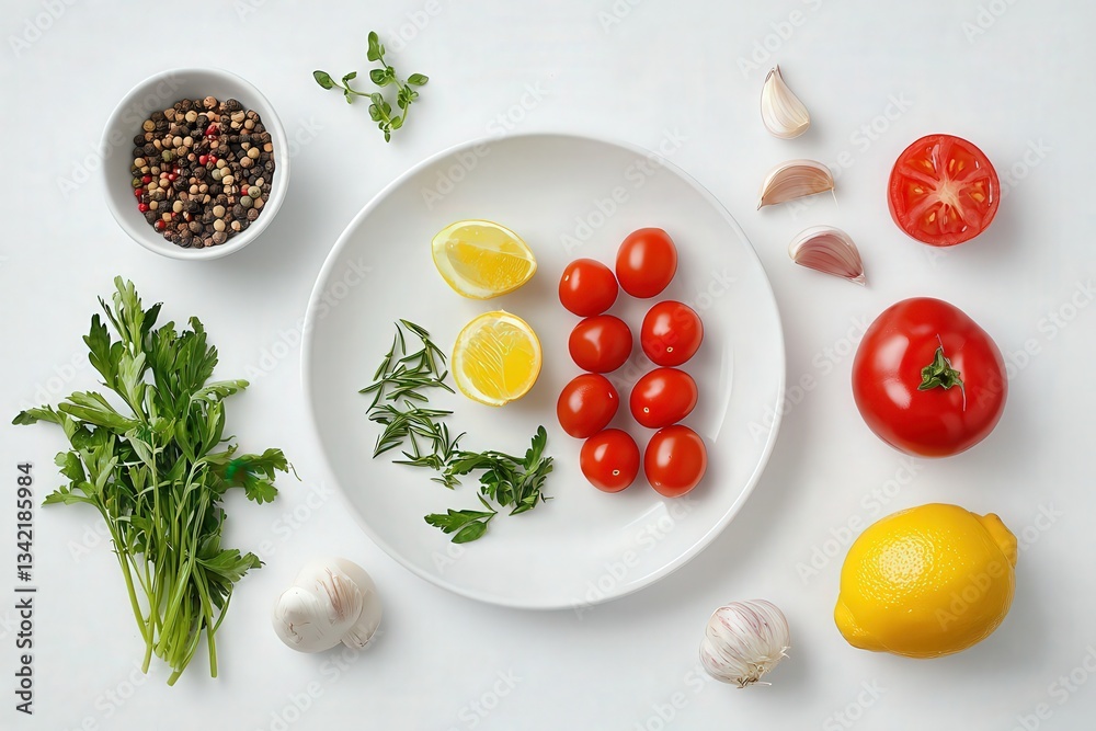 Bright cherry tomatoes, garlic cloves, and fresh herbs are artfully arranged on a white surface. Lemons, whole tomatoes, and a bowl of peppercorns complete this colorful culinary display.