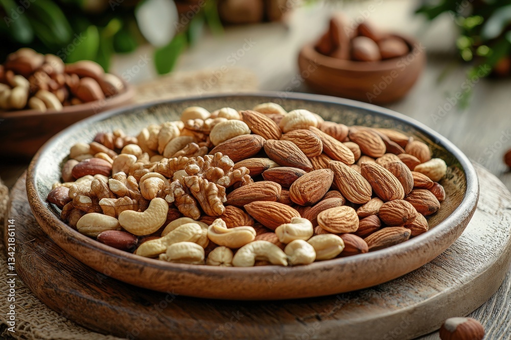 A collection of various nuts including almonds, walnuts, and cashews is neatly displayed on a rustic wooden platter. The setting features a natural, warm ambiance with green plants in the background.