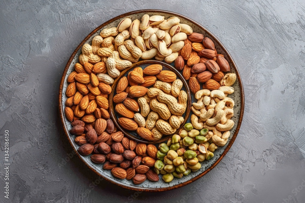 A round plate filled with a vibrant collection of various nuts, including almonds, cashews, peanuts, and more. The nuts are arranged neatly, showcasing an appealing variety of textures and colors.