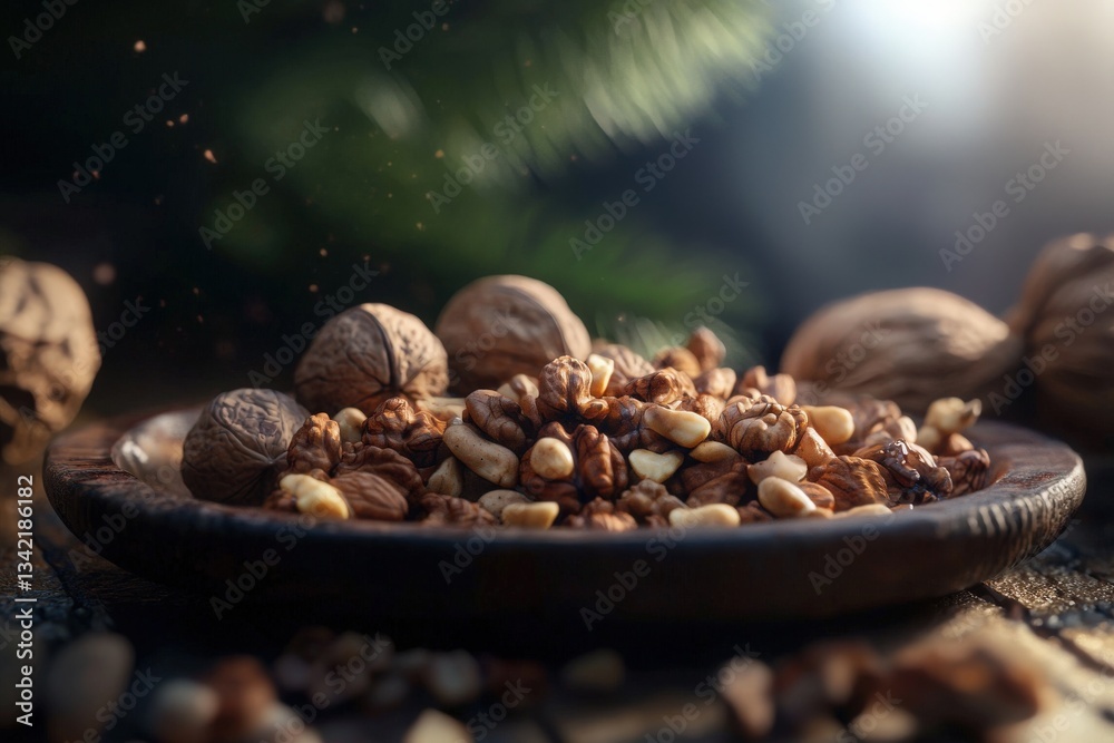 A wooden plate holds a mix of nuts and seeds, including walnuts and pine nuts. Soft natural light highlights their textures, creating a cozy and inviting atmosphere in a serene setting.