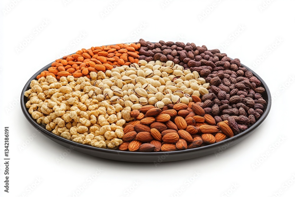 A circular platter is filled with a vibrant assortment of nuts and snacks including popcorn, almonds, and chocolate-coated treats. This colorful display invites sharing during gatherings.