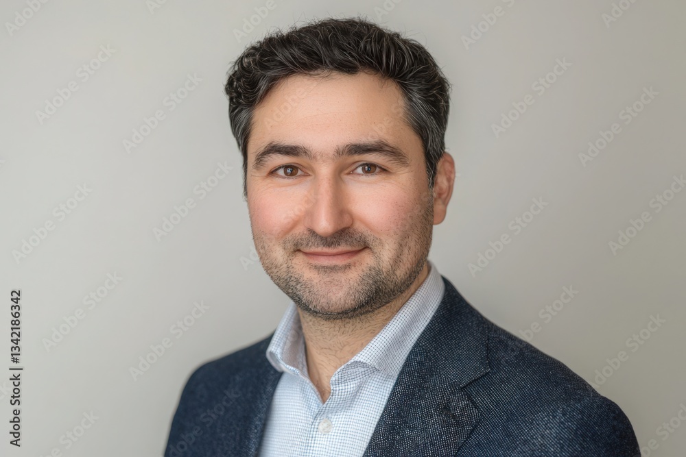 A man with short dark hair and a well-groomed beard stands smiling confidently. He wears a blue blazer over a light-colored shirt. The background is neutral, focusing on his expression and attire.