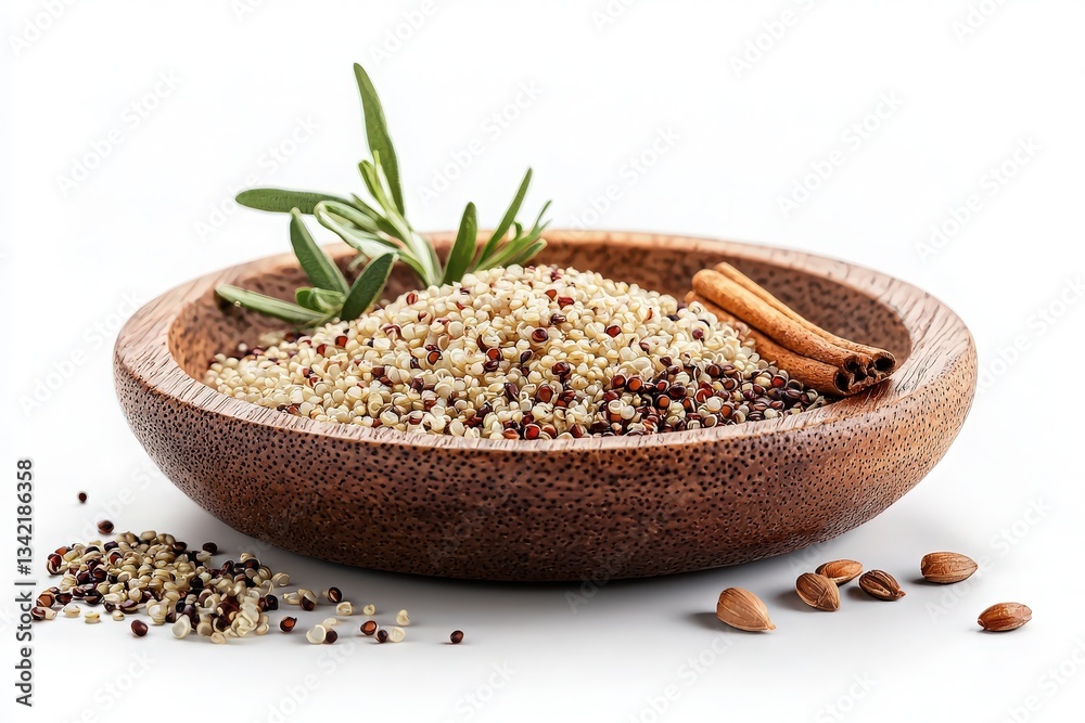 A wooden bowl filled with a mix of quinoa is surrounded by fresh herbs and cinnamon sticks. This natural arrangement emphasizes healthy cooking and meal preparation with wholesome ingredients.