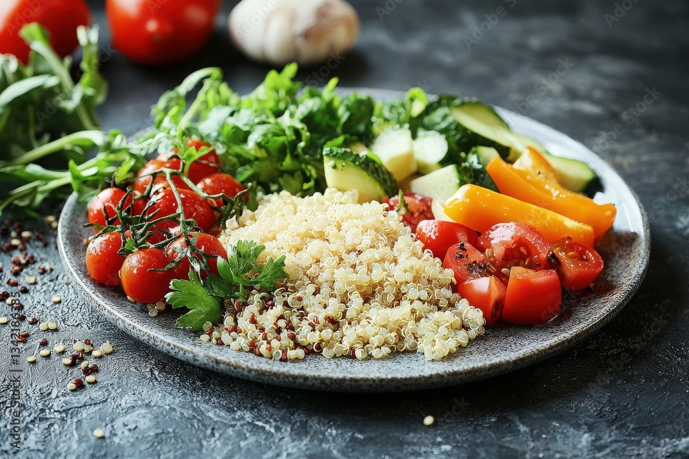A colorful platter features a quinoa salad with cherry tomatoes, cucumbers, and assorted greens, showcasing vibrant colors and fresh ingredients. Perfect for a nutritious lunch or dinner.