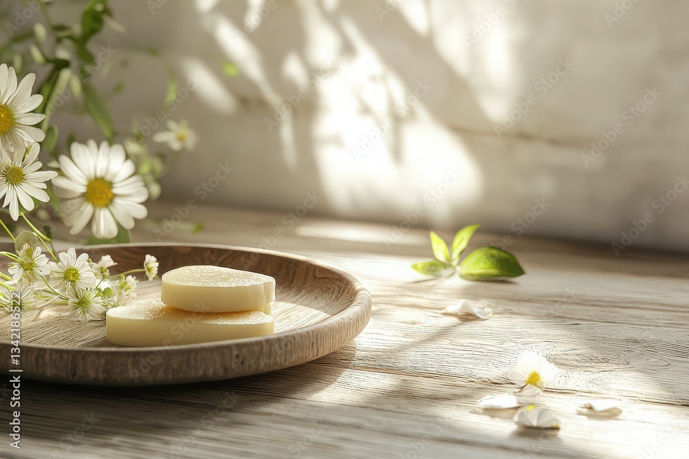 Soft cheese rounds rest on a wooden plate, illuminated by gentle sunlight. White daisies and greenery enhance the warm, inviting atmosphere, creating a serene and cozy setting.