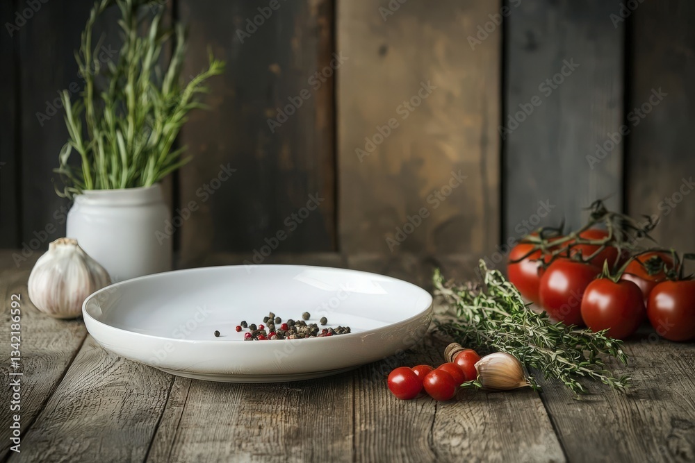 A rustic kitchen display includes fresh tomatoes, garlic, herbs, and a white plate filled with black peppercorns. The wooden background adds warmth to the scene, emphasizing fresh cooking.