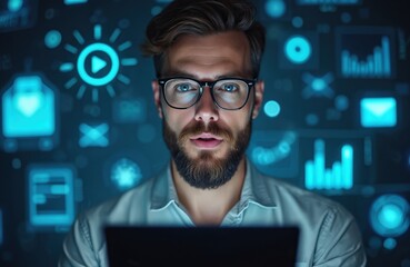 Leinwandbilder - Bearded man with glasses uses tablet surrounded by glowing digital icons, graphs. Virtual reality cyberspace concept, online marketing. Person works with hi-tech, connects future, innovation, social