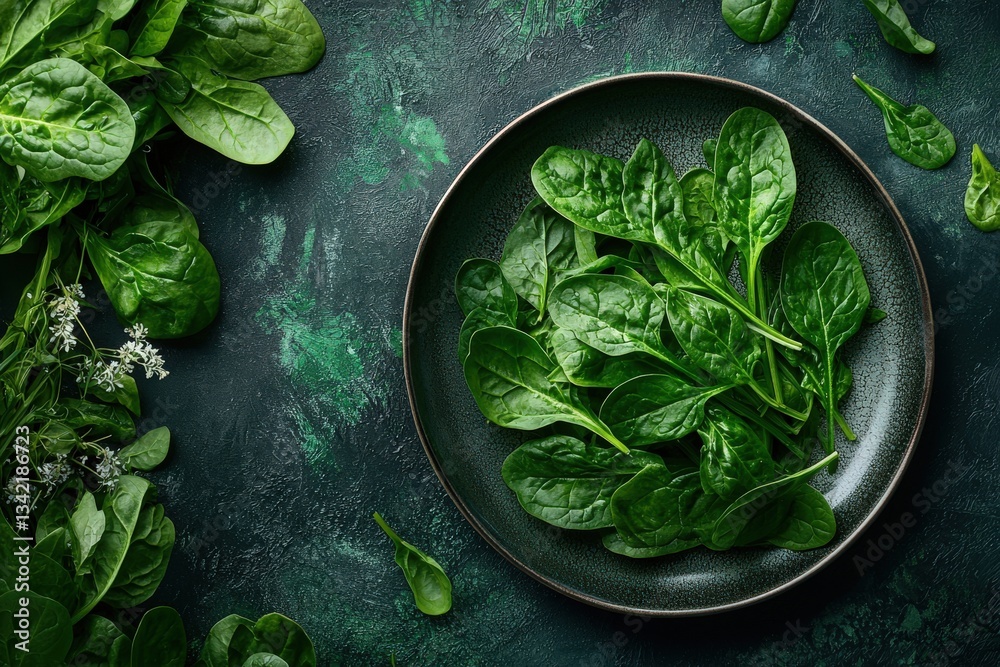 A decorative plate holds a generous portion of bright green spinach leaves, showcasing their freshness. Surrounding foliage adds a natural touch to the composition.