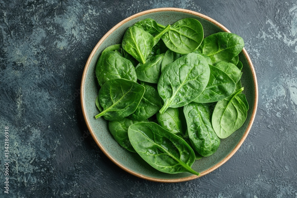 A plate filled with vibrant green spinach leaves showcases their freshness. The smooth, glossy texture and deep color highlight the nutritious appeal of this leafy green vegetable.