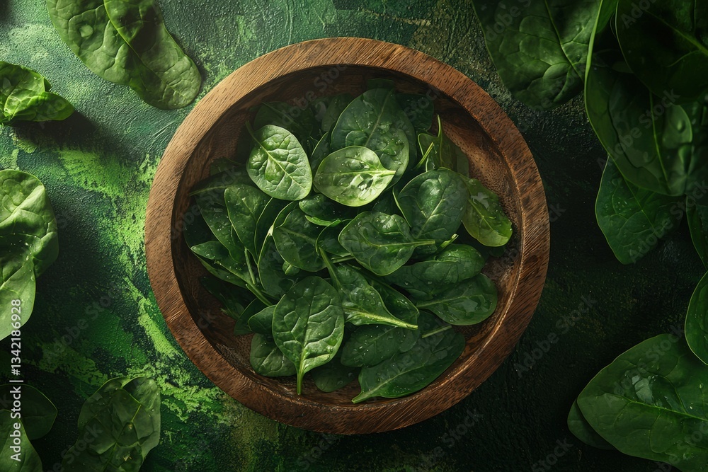 A wooden bowl filled with vibrant, fresh spinach leaves sits atop a dark green surface. Water droplets shimmer on the leaves, highlighting their freshness and appeal.