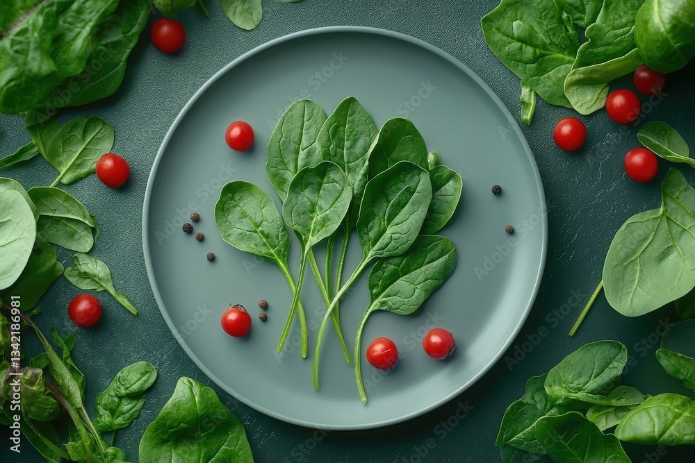 Bright green spinach leaves are neatly placed on a round plate, surrounded by vibrant cherry tomatoes and scattered peppercorns, creating a fresh and appetizing display of ingredients.