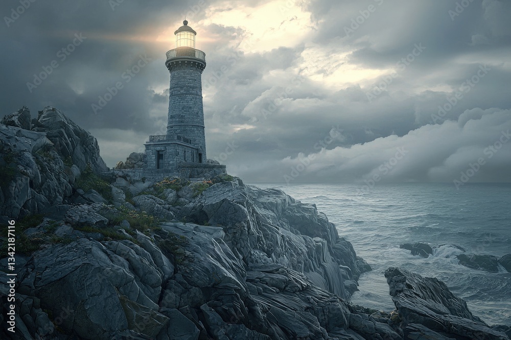 A tall lighthouse towers over a rugged coastline, casting light into dark, tumultuous waters. Stormy clouds create a dramatic sky as waves crash against the rocks below during dusk.