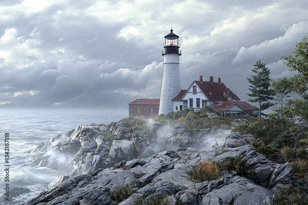 A lighthouse stands tall on a rocky coast, amidst dark clouds and turbulent seas. Waves crash against the rocks, creating mist around the scenic structure, embodying natures power.