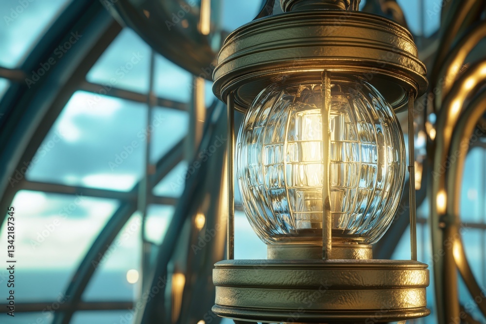 The golden vintage lantern hangs gracefully, casting warm light against the backdrop of a coastal view through large glass windows. The scene captures the blend of elegance and nature.