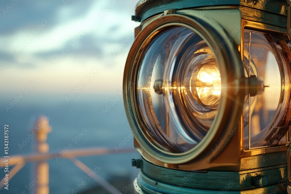 A detailed view of a vintage lighthouse lantern shining bright, capturing the warm glow of the light. The setting sun casts beautiful colors across the sky and sea.