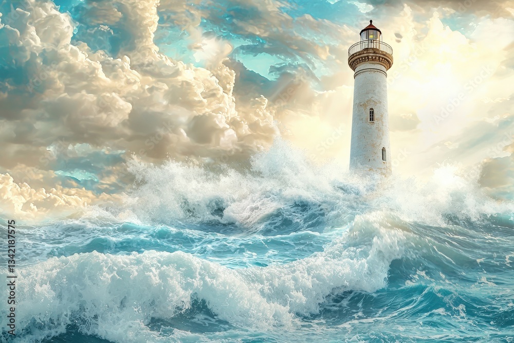 A majestic lighthouse rises above crashing waves in a dynamic ocean landscape. Dark clouds and warm sunlight create a dramatic atmosphere, showcasing natures beauty and power.