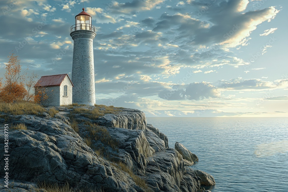 A picturesque lighthouse overlooks the tranquil sea from a rocky outcrop. The sun sets behind soft clouds, casting warm light over the landscape, highlighting the cabin next to the lighthouse.
