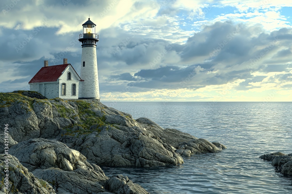 A charming lighthouse stands on rocky terrain, its light aglow as twilight descends. Calm waves lap at the shore, under a sky filled with soft clouds, creating a peaceful atmosphere.