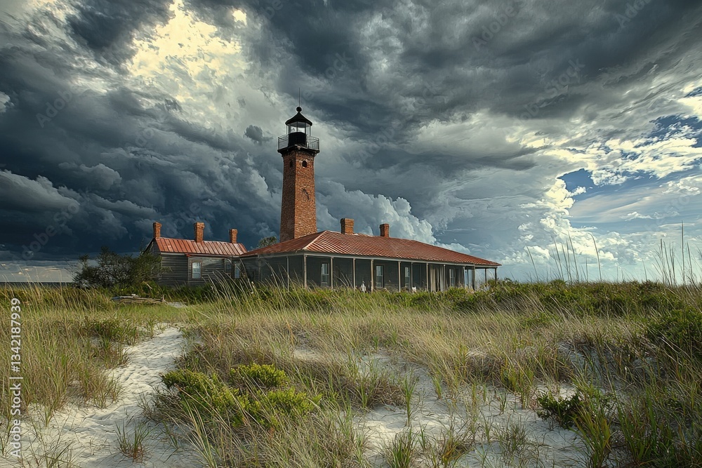 A historic lighthouse rises above sandy dunes, surrounded by tall grasses. Dark storm clouds loom ominously in the sky, hinting at an approaching storm over the coastal area.
