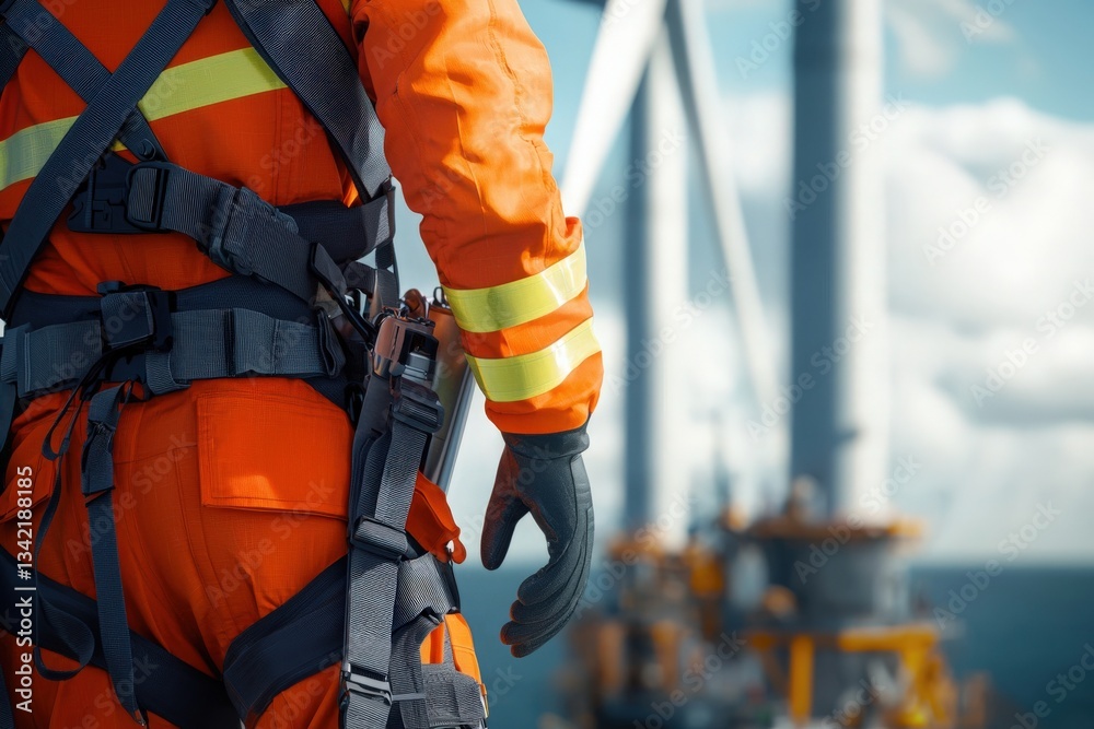 A worker dressed in an orange safety suit and harness stands with their back turned, overlooking offshore wind turbines on a bright, clear day, showcasing a commitment to renewable energy.