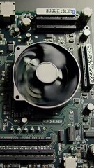 Poster - Closeup of spinning computer cooling fan on motherboard in action