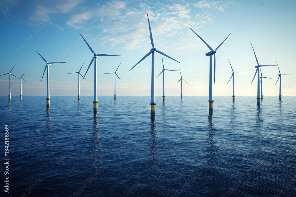 A row of towering wind turbines rise above calm ocean waters, spinning gracefully in the breeze. The scene captures a bright day, showcasing the commitment to sustainable energy production.
