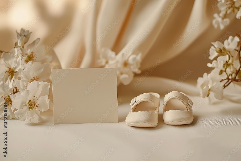 A pair of soft white baby shoes rests on a light surface near a blank card.