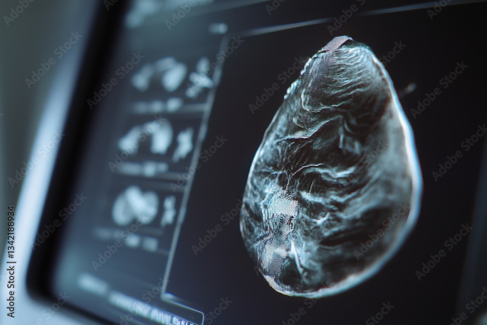 A close-up view of a mammogram displaying intricate details of breast tissue. The image is part of a medical examination, highlighting the importance of early detection in womens health.