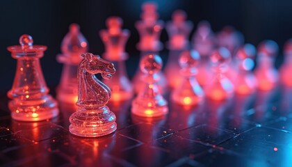 Poster - Futuristic chess game with glowing crystal pieces, red knight chess piece in foreground. Digital board illuminated with blue, red neon lights. Concept for strategy, gaming, competition. Symbol of