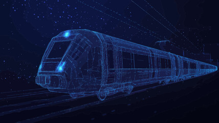 Poster - Abstract Polygonal 3D Wireframe of Modern Train at Metro Station - Digital Vector Mesh IT Rapid Transit System in Dark Blue Starry Sky - Railway Transportation and Logistics Concept Art