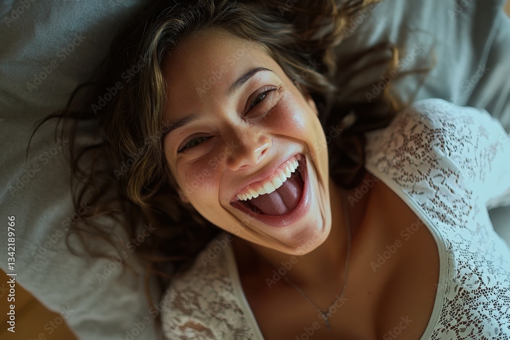 A woman lies on a soft bed, showcasing a big, genuine smile. Her hair is slightly tousled and the natural light creates a warm atmosphere, highlighting her joyful expression.