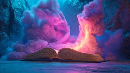Poster - A book lies open, releasing radiant pink and purple tendrils of light set against a gradient backdrop