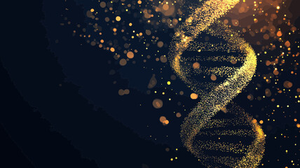 Poster - Low Poly DNA Illustration in Golden Stardust Effect, Sparkling Wireframe Vector with Gold Particles on Dark Background, Polygonal Science Concept for Genetic and Molecular Research Designs