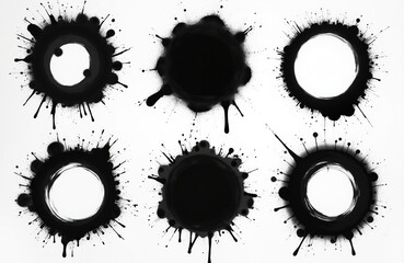 Aufkleber - Set of six abstract ink splatter round frames on white background. Illustration for artistic grunge design. Decorative bold creative black design elements, messy graphic chaotic modern edgy textured