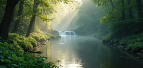 Wall Mural - Tranquil morning in enchanted forest with sunlight reflecting on river, waterfall. Serene nature scene of sunbeams through trees, mist over water. Green foliage adorns idyllic landscape. Relaxing