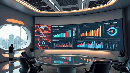 Poster - futuristic strategic analysis boardroom showcasing predictive analytics and actionable insights for data driven success