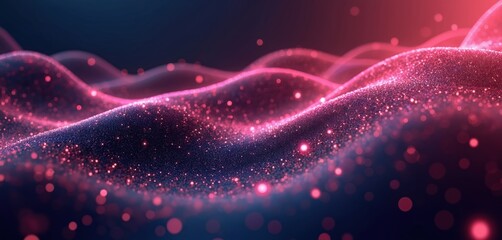 Poster - Hi-tech illustration of abstract dynamic mesh background. Pink, dark blue colors. Digital data line connect. Particular wave motion. Big data tech visualization, three-dimensional swirl art wallpaper.