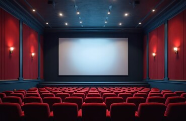 Poster - Empty cinema with red seats, blank white screen. Auditorium hall interior, mockup template for movie presentation. Concept of film industry, entertainment, recreation. Dark blue walls create