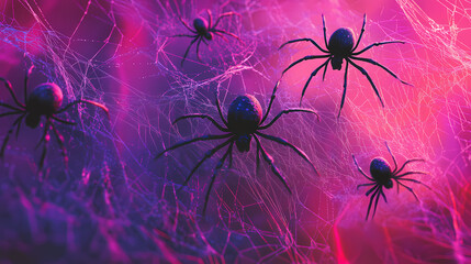 Wall Mural - Halloween background with spider web and spiders. 3d illustration. Psychedelic Web. Illustration
