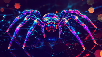 Wall Mural - Vibrant neon spider with glow-in-the-dark web design elements. Psychedelic Web. Illustration