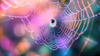 Wall Mural - Delicate iridescent spider web captivates with mesmerizing geometric pattern. Psychedelic Web. Illustration