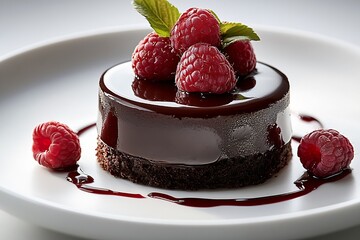 Poster - Artistic presentation of chocolate dessert garnished with raspberries and mint leaves for a gourmet experience : Generative AI