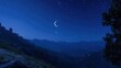 © MP_Artworks - Deep blue night sky with glowing crescent moon and twinkling stars, peaceful Ramadan background perfect for Islamic holiday greetings, spirituality, and festive designs.