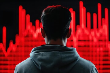Poster - Urban Market Crash Concept with Giant Red Graph and Person Looking at Falling Data Trends
