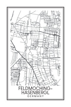 Hand drawn printable downtown road map poster of the German city quarter of MUNICH-FELDMOCHING-HASENBERGL on solid white background with city name