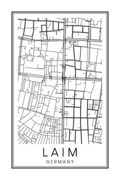 Hand drawn printable downtown road map poster of the German city quarter of MUNICH-LAIM on solid white background with city name
